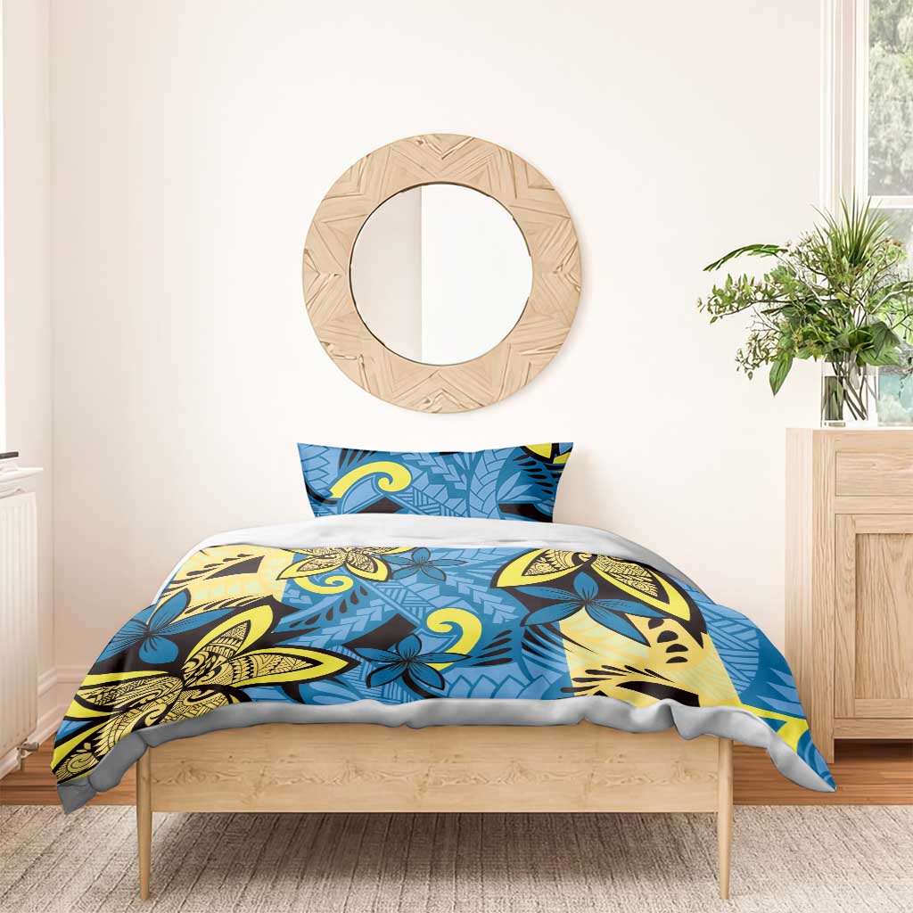 Plumeria Polynesian Pattern Bedding Set Unique Fantasy Blue Yellow