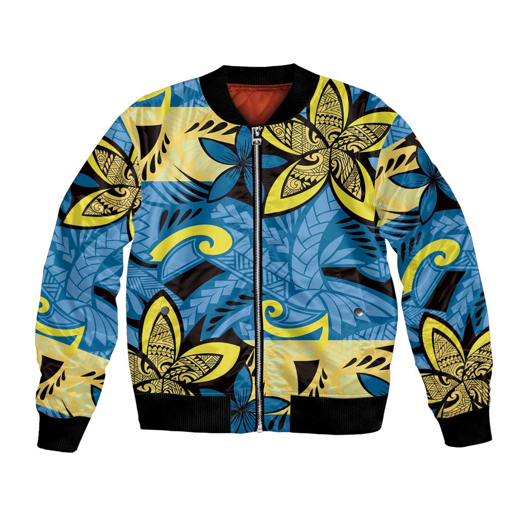 Plumeria Polynesian Pattern Bomber Jacket Unique Fantasy Blue Yellow LT01 Unisex Blue - Polynesian Pride