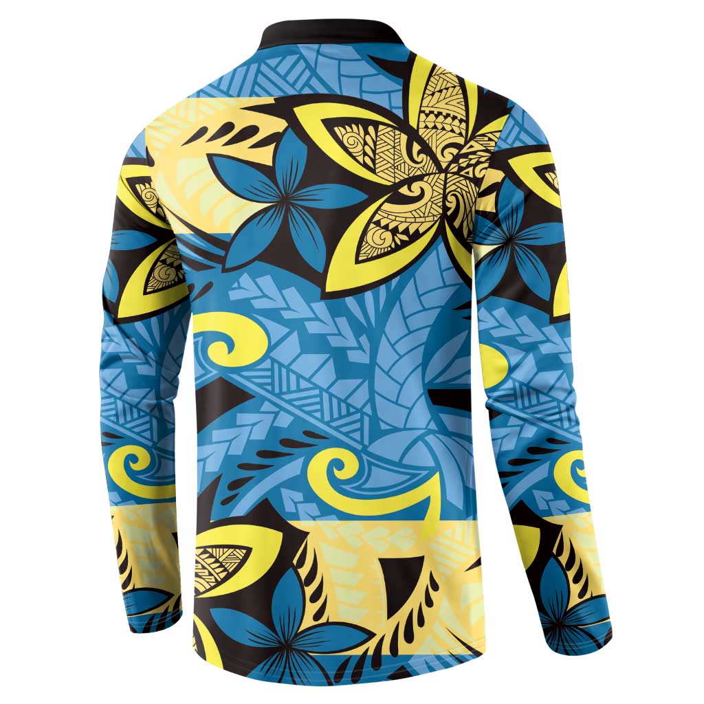 Plumeria Polynesian Pattern Button Sweatshirt Unique Fantasy Blue Yellow