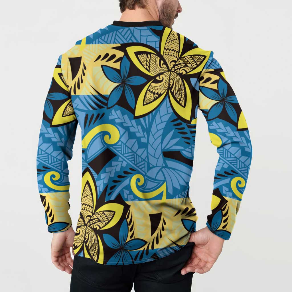 Plumeria Polynesian Pattern Button Sweatshirt Unique Fantasy Blue Yellow
