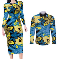 Plumeria Polynesian Pattern Couples Matching Long Sleeve Bodycon Dress and Long Sleeve Button Shirt Unique Fantasy Blue Yellow LT01 Blue - Polynesian Pride