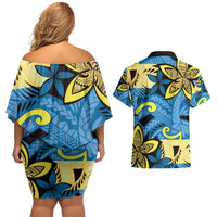 Plumeria Polynesian Pattern Couples Matching Off Shoulder Short Dress and Hawaiian Shirt Unique Fantasy Blue Yellow LT01 - Polynesian Pride