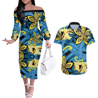 Plumeria Polynesian Pattern Couples Matching Off The Shoulder Long Sleeve Dress and Hawaiian Shirt Unique Fantasy Blue Yellow