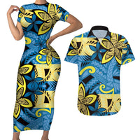 Plumeria Polynesian Pattern Couples Matching Short Sleeve Bodycon Dress and Hawaiian Shirt Unique Fantasy Blue Yellow LT01 Blue - Polynesian Pride