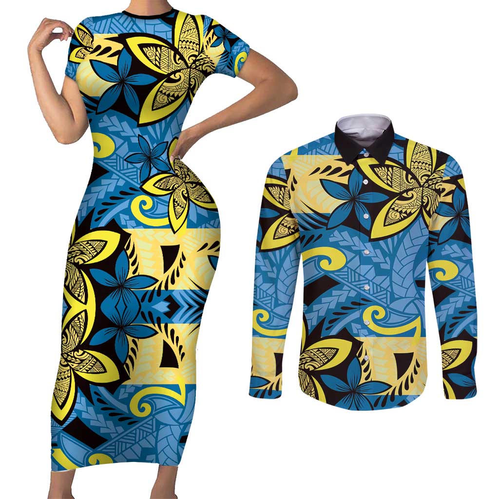 Plumeria Polynesian Pattern Couples Matching Short Sleeve Bodycon Dress and Long Sleeve Button Shirt Unique Fantasy Blue Yellow LT01 Blue - Polynesian Pride