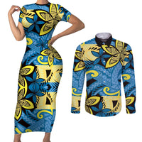 Plumeria Polynesian Pattern Couples Matching Short Sleeve Bodycon Dress and Long Sleeve Button Shirt Unique Fantasy Blue Yellow LT01 Blue - Polynesian Pride