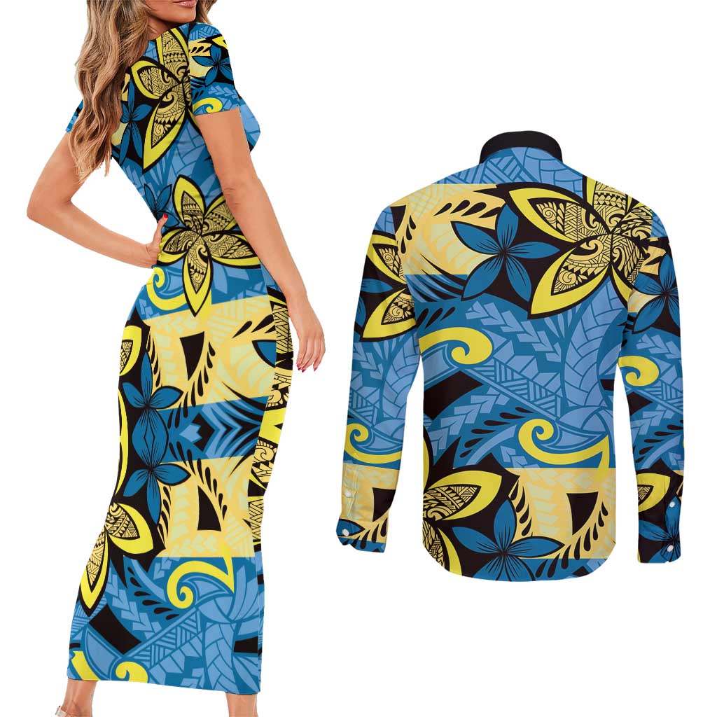 Plumeria Polynesian Pattern Couples Matching Short Sleeve Bodycon Dress and Long Sleeve Button Shirt Unique Fantasy Blue Yellow LT01 - Polynesian Pride