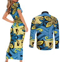 Plumeria Polynesian Pattern Couples Matching Short Sleeve Bodycon Dress and Long Sleeve Button Shirt Unique Fantasy Blue Yellow LT01 - Polynesian Pride