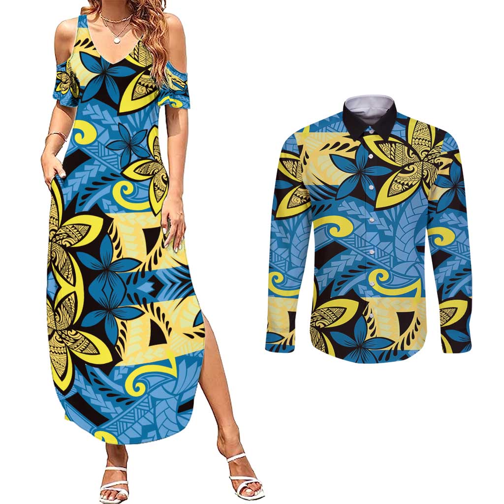 Plumeria Polynesian Pattern Couples Matching Summer Maxi Dress and Long Sleeve Button Shirt Unique Fantasy Blue Yellow