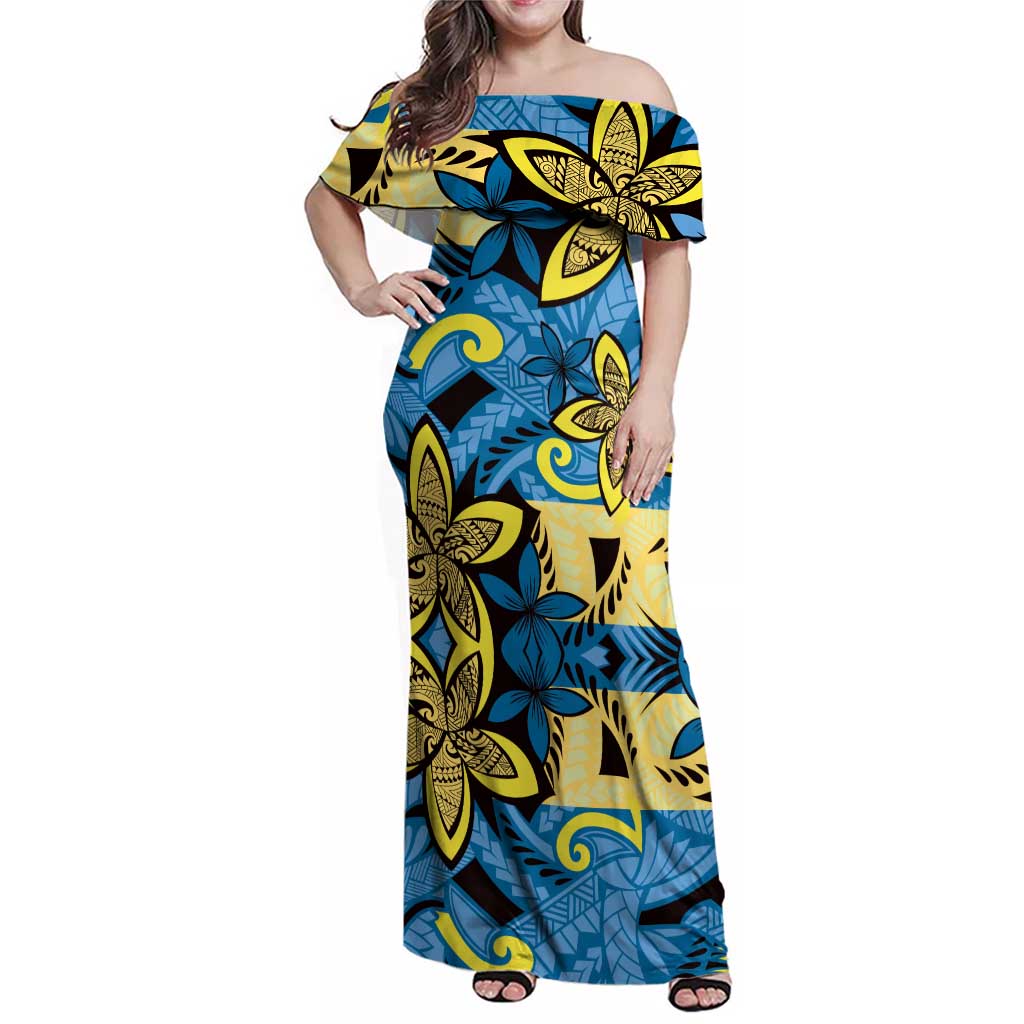 Plumeria Polynesian Pattern Family Matching Off Shoulder Maxi Dress and Hawaiian Shirt Unique Fantasy Blue Yellow