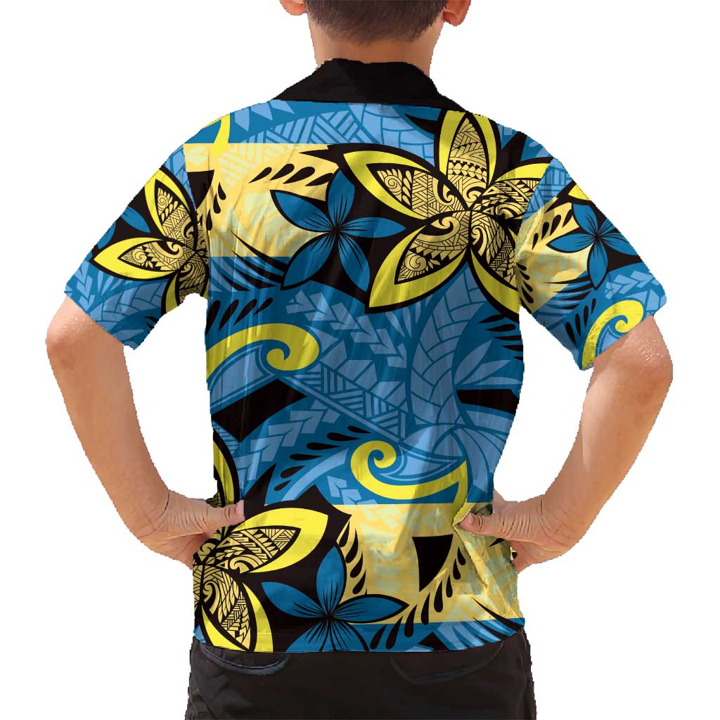 Plumeria Polynesian Pattern Family Matching Off Shoulder Short Dress and Hawaiian Shirt Unique Fantasy Blue Yellow