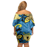 Plumeria Polynesian Pattern Family Matching Off Shoulder Short Dress and Hawaiian Shirt Unique Fantasy Blue Yellow