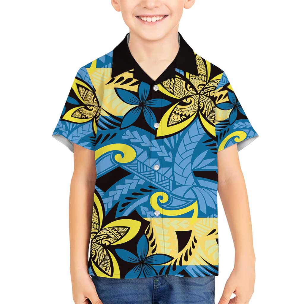 Plumeria Polynesian Pattern Family Matching Off Shoulder Short Dress and Hawaiian Shirt Unique Fantasy Blue Yellow
