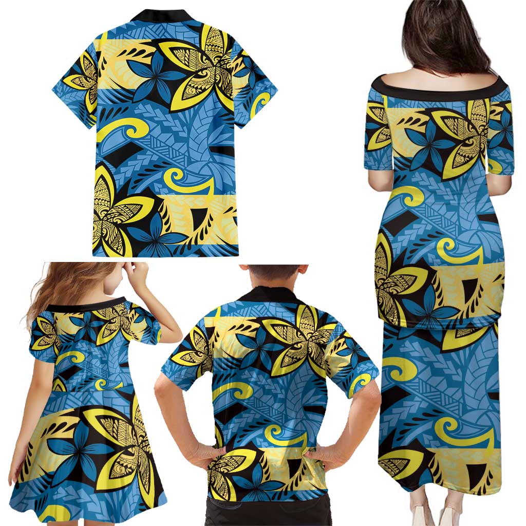 Plumeria Polynesian Pattern Family Matching Puletasi and Hawaiian Shirt Unique Fantasy Blue Yellow LT01 - Polynesian Pride