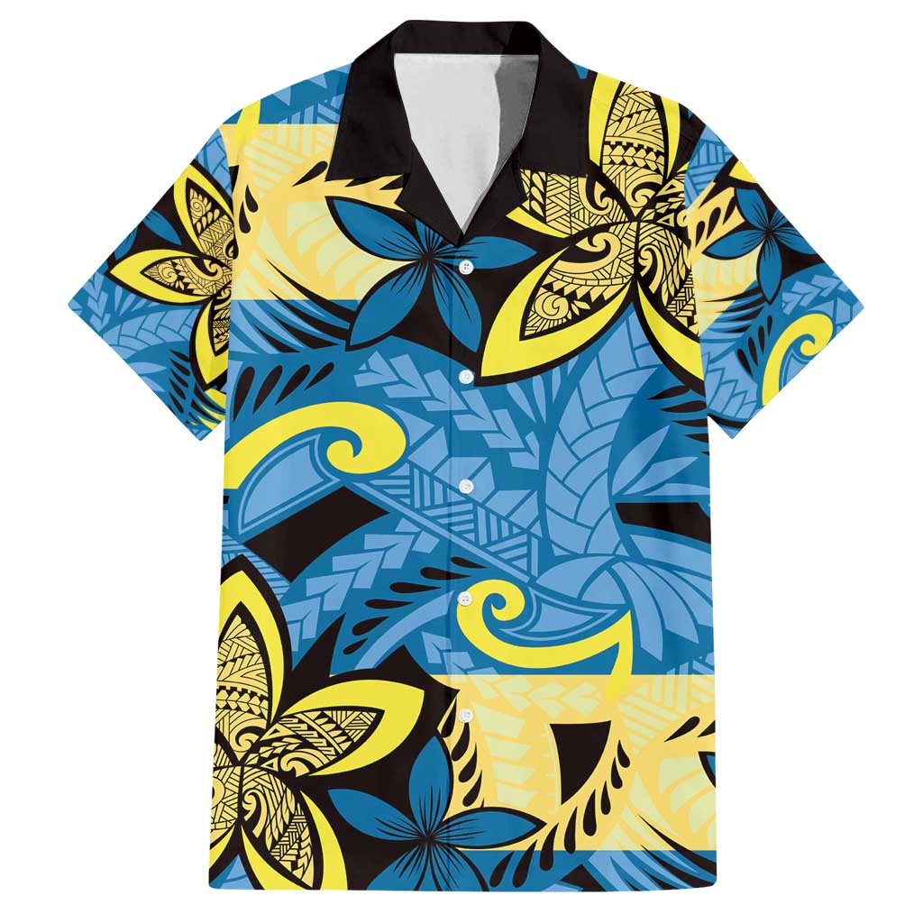 Plumeria Polynesian Pattern Family Matching Puletasi and Hawaiian Shirt Unique Fantasy Blue Yellow LT01 Dad's Shirt - Short Sleeve Blue - Polynesian Pride
