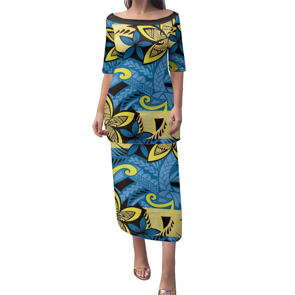 Plumeria Polynesian Pattern Family Matching Puletasi and Hawaiian Shirt Unique Fantasy Blue Yellow LT01 Mom's Dress Blue - Polynesian Pride