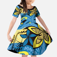 Plumeria Polynesian Pattern Family Matching Short Sleeve Bodycon Dress and Hawaiian Shirt Unique Fantasy Blue Yellow