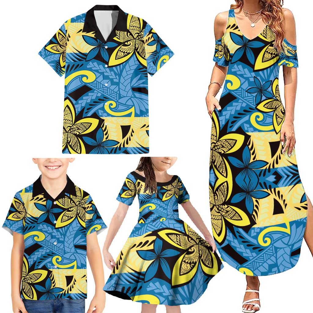 Plumeria Polynesian Pattern Family Matching Summer Maxi Dress and Hawaiian Shirt Unique Fantasy Blue Yellow LT01 - Polynesian Pride