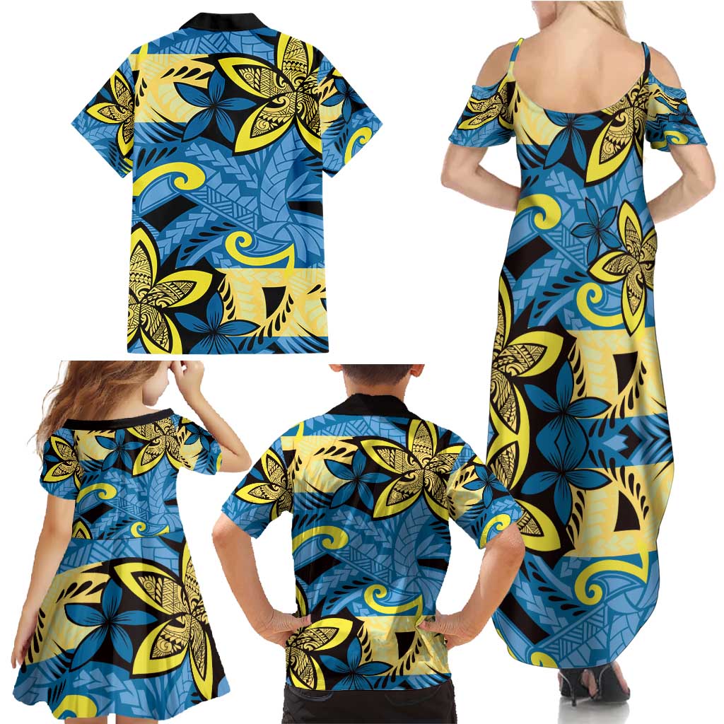 Plumeria Polynesian Pattern Family Matching Summer Maxi Dress and Hawaiian Shirt Unique Fantasy Blue Yellow LT01 - Polynesian Pride
