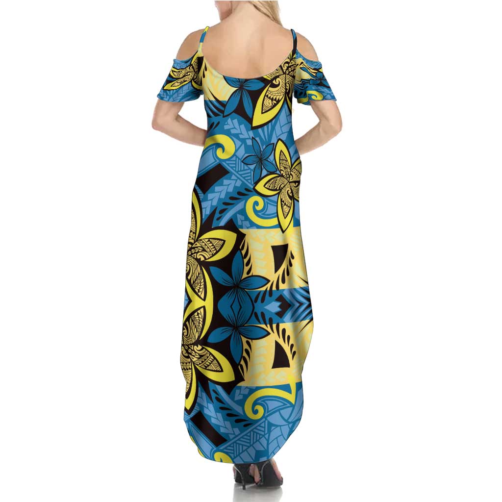 Plumeria Polynesian Pattern Family Matching Summer Maxi Dress and Hawaiian Shirt Unique Fantasy Blue Yellow LT01 - Polynesian Pride