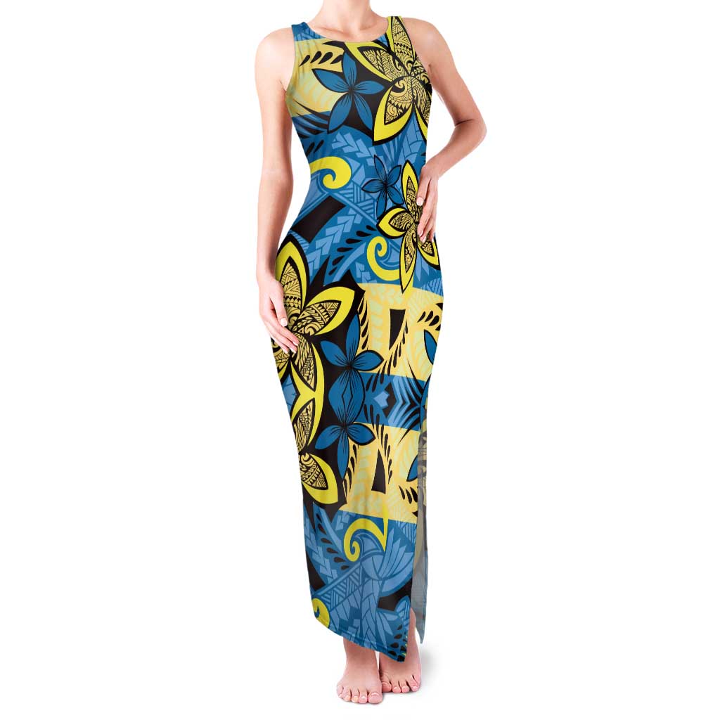 Plumeria Polynesian Pattern Family Matching Tank Maxi Dress and Hawaiian Shirt Unique Fantasy Blue Yellow LT01 Mom's Dress Blue - Polynesian Pride