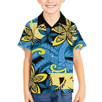 Plumeria Polynesian Pattern Family Matching Tank Maxi Dress and Hawaiian Shirt Unique Fantasy Blue Yellow LT01 Son's Shirt Blue - Polynesian Pride