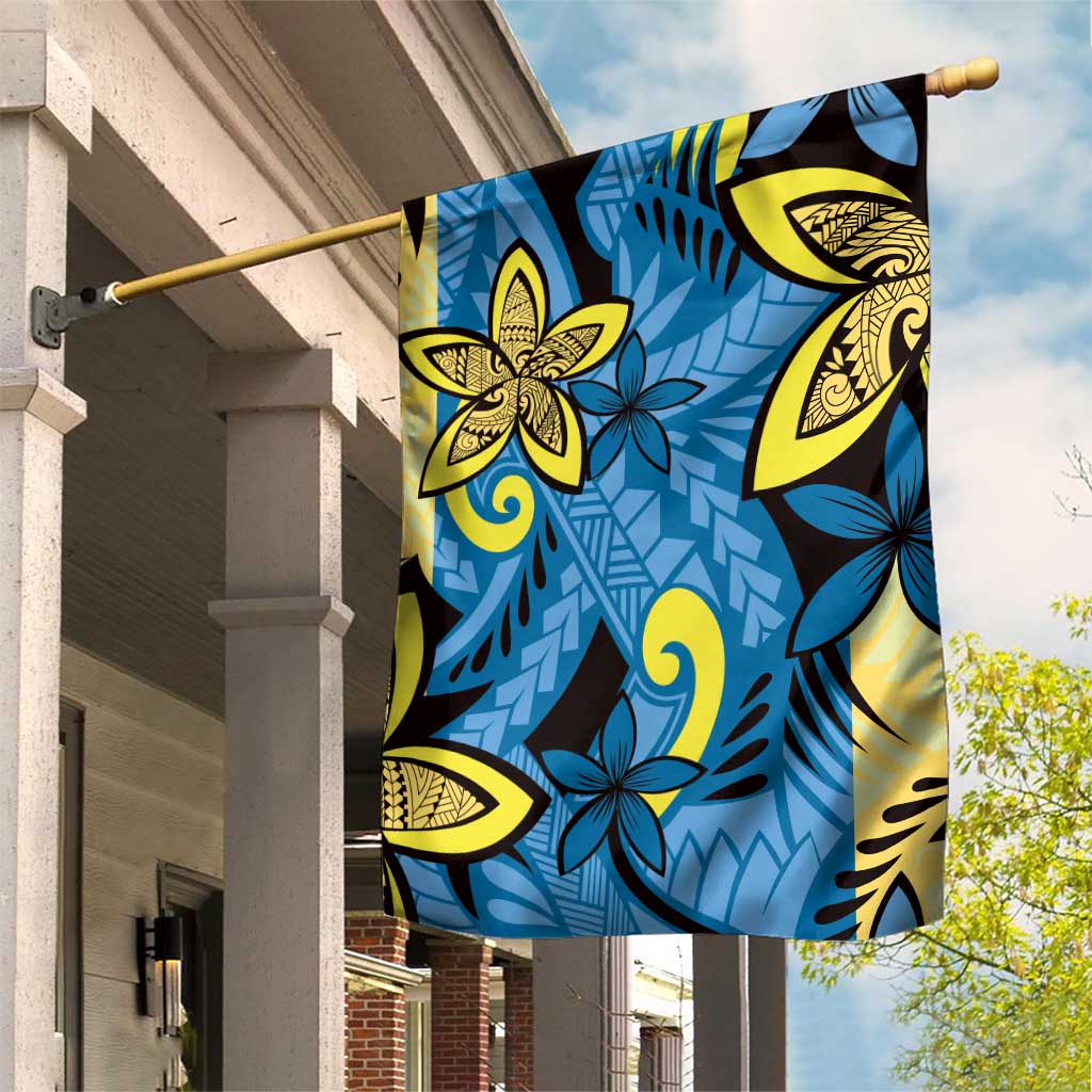 Plumeria Polynesian Pattern Garden Flag Unique Fantasy Blue Yellow