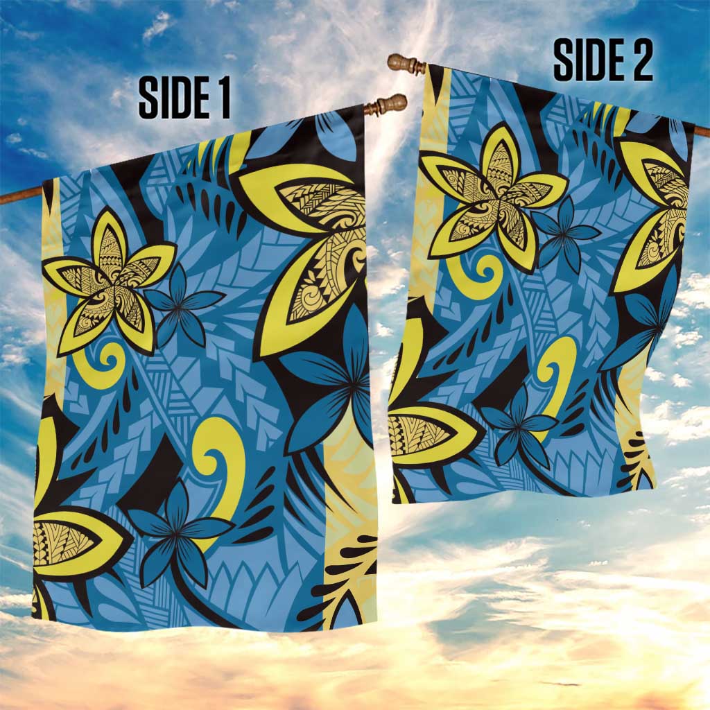 Plumeria Polynesian Pattern Garden Flag Unique Fantasy Blue Yellow