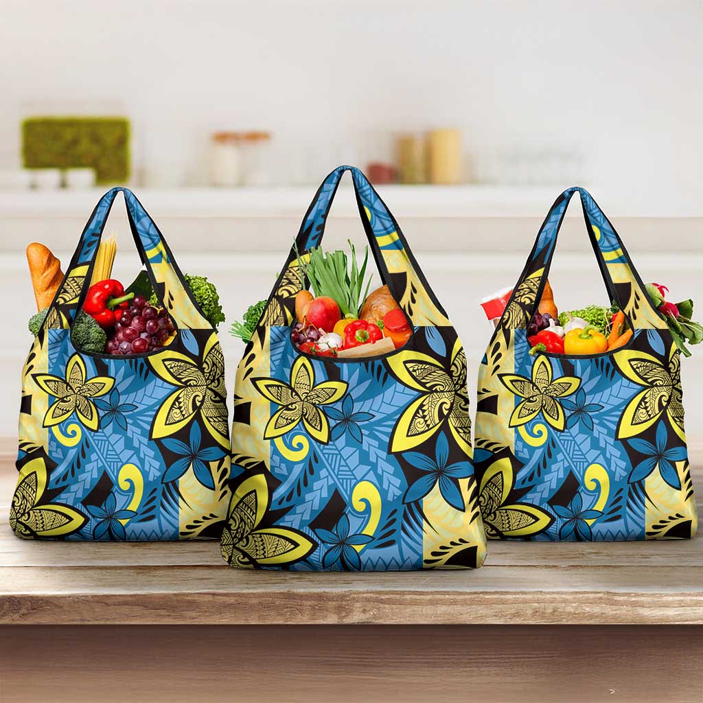 Plumeria Polynesian Pattern Grocery Bag Unique Fantasy Blue Yellow LT01 3-pack One Size Blue - Polynesian Pride