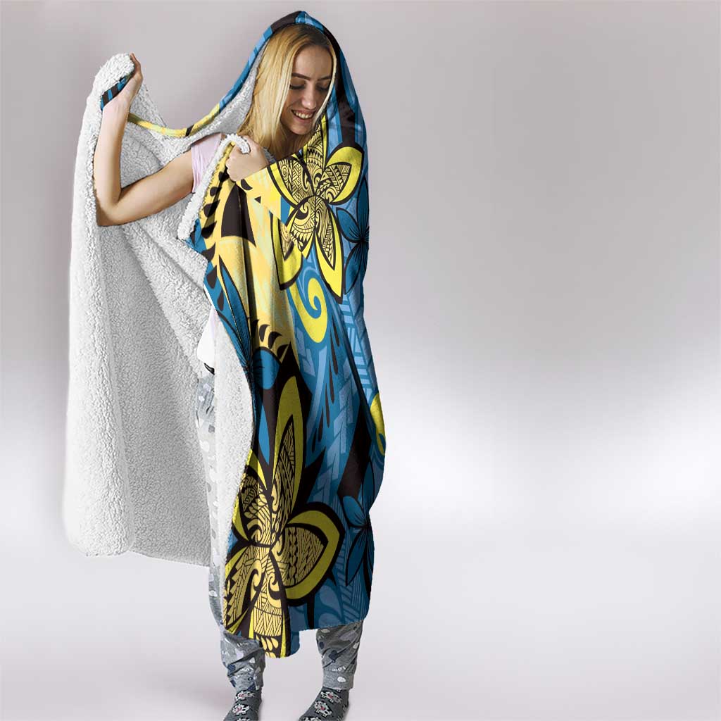 Plumeria Polynesian Pattern Hooded Blanket Unique Fantasy Blue Yellow