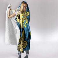 Plumeria Polynesian Pattern Hooded Blanket Unique Fantasy Blue Yellow