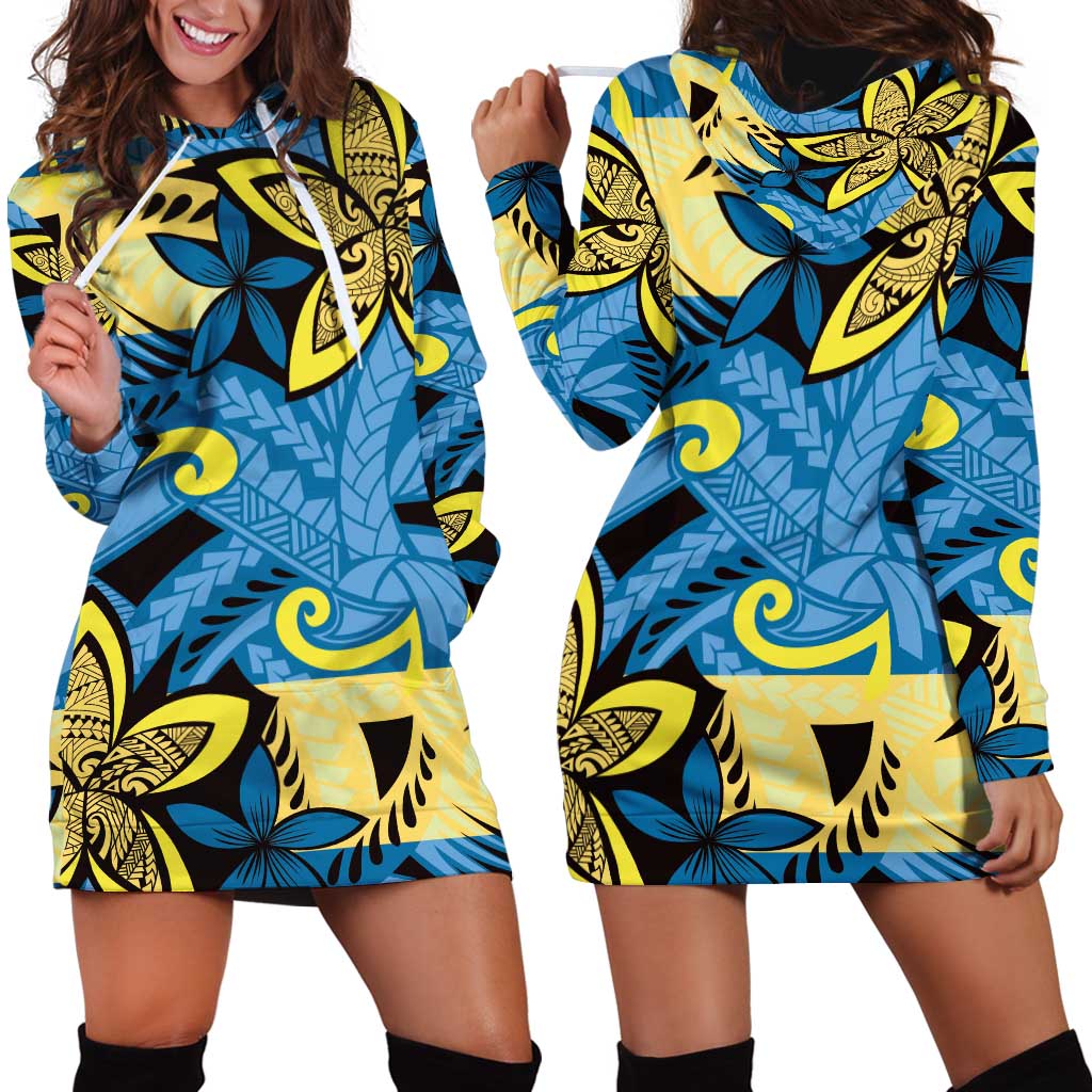 Plumeria Polynesian Pattern Hoodie Dress Unique Fantasy Blue Yellow