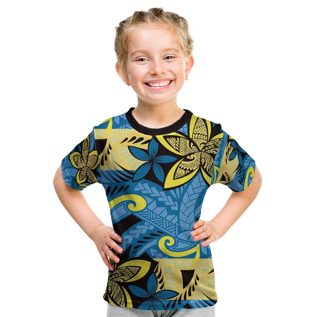 Plumeria Polynesian Pattern Kid T Shirt Unique Fantasy Blue Yellow LT01 Blue - Polynesian Pride