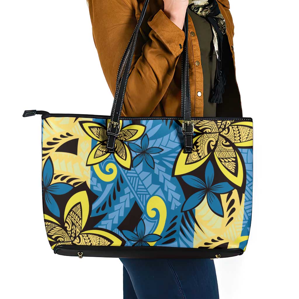 Plumeria Polynesian Pattern Leather Tote Bag Unique Fantasy Blue Yellow LT01 - Polynesian Pride