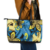 Plumeria Polynesian Pattern Leather Tote Bag Unique Fantasy Blue Yellow LT01 - Polynesian Pride