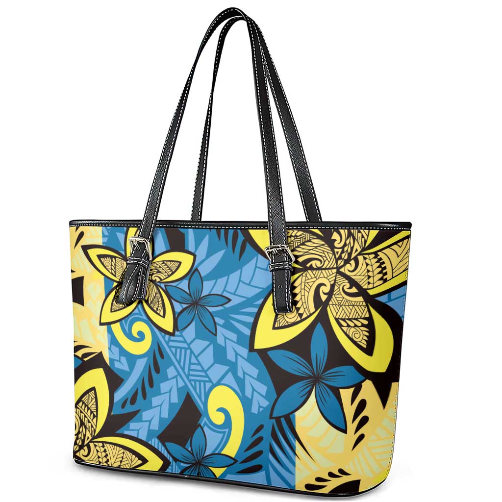 Plumeria Polynesian Pattern Leather Tote Bag Unique Fantasy Blue Yellow LT01 - Polynesian Pride