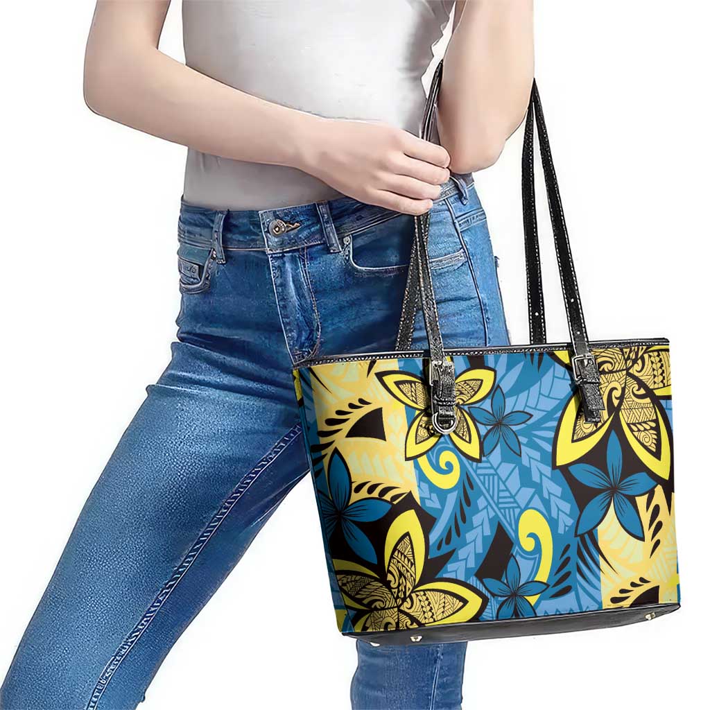 Plumeria Polynesian Pattern Leather Tote Bag Unique Fantasy Blue Yellow LT01 - Polynesian Pride