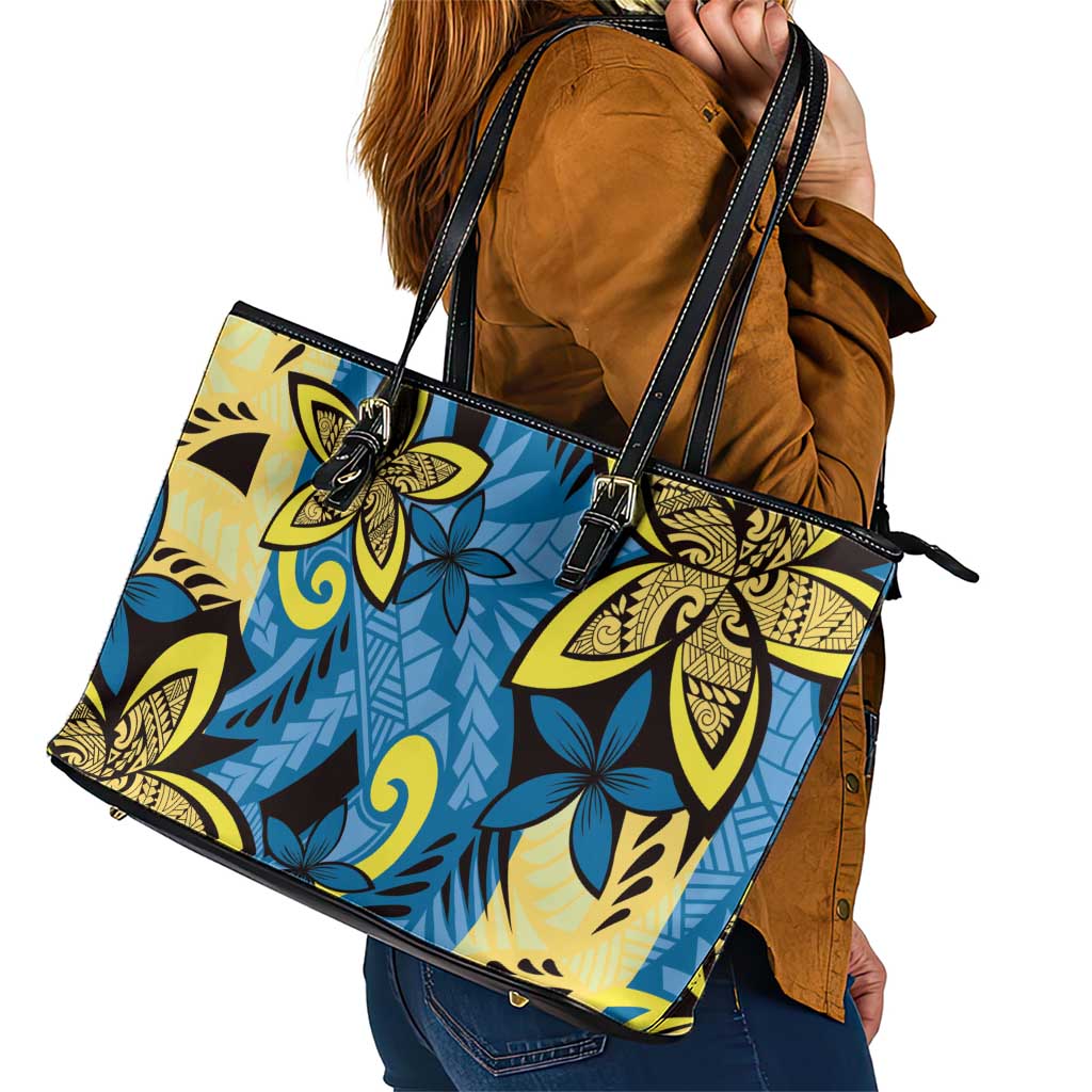 Plumeria Polynesian Pattern Leather Tote Bag Unique Fantasy Blue Yellow LT01 - Polynesian Pride
