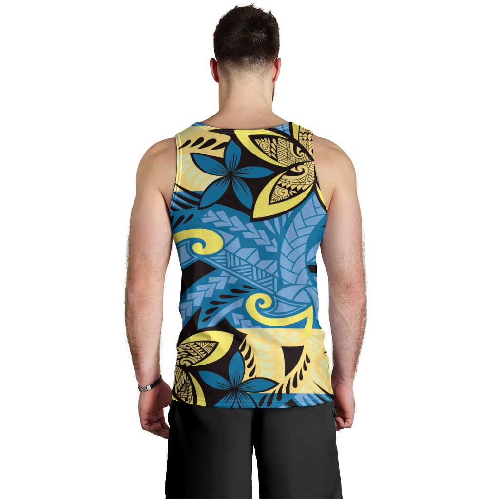 Plumeria Polynesian Pattern Men Tank Top Unique Fantasy Blue Yellow