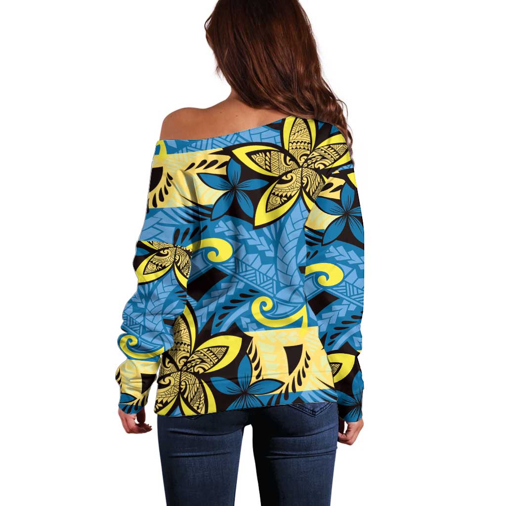 Plumeria Polynesian Pattern Off Shoulder Sweater Unique Fantasy Blue Yellow