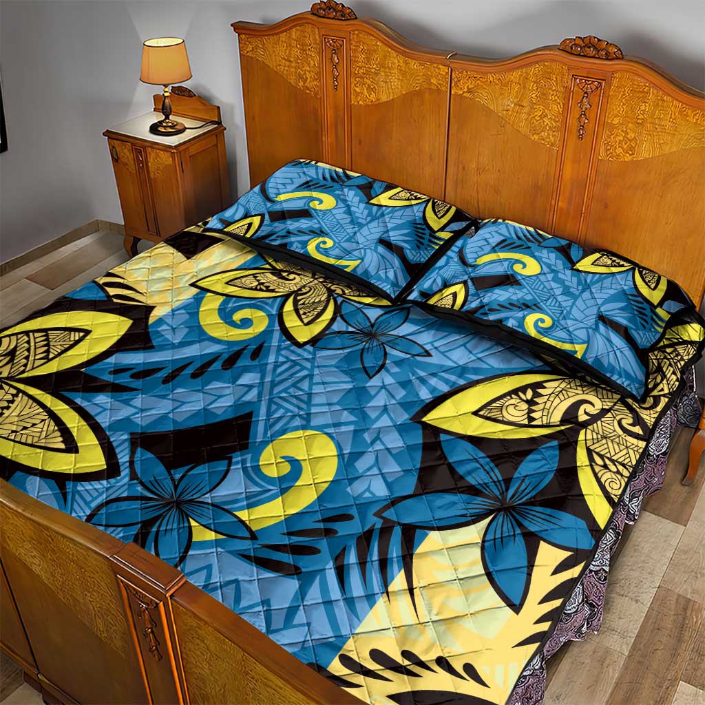 Plumeria Polynesian Pattern Quilt Bed Set Unique Fantasy Blue Yellow