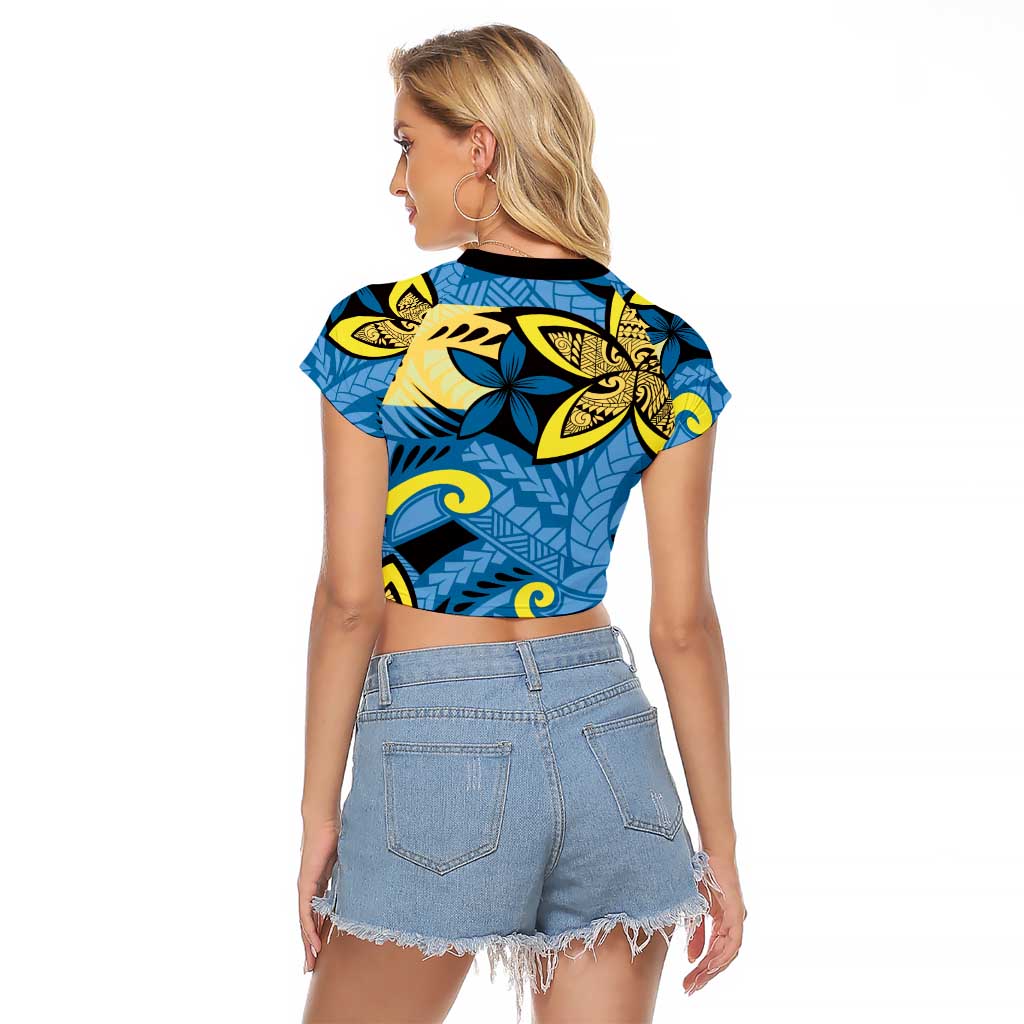 Plumeria Polynesian Pattern Raglan Cropped T Shirt Unique Fantasy Blue Yellow LT01 - Polynesian Pride