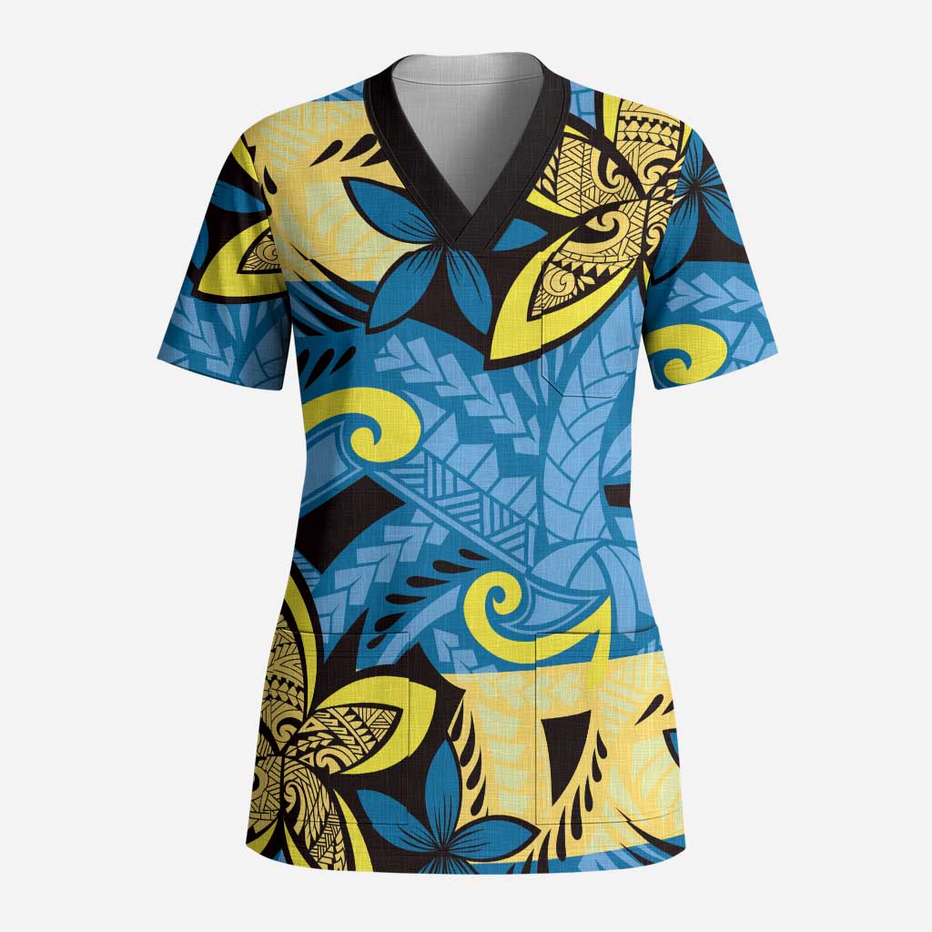 Plumeria Polynesian Pattern Scrub Top Unique Fantasy Blue Yellow - Polynesian Pride