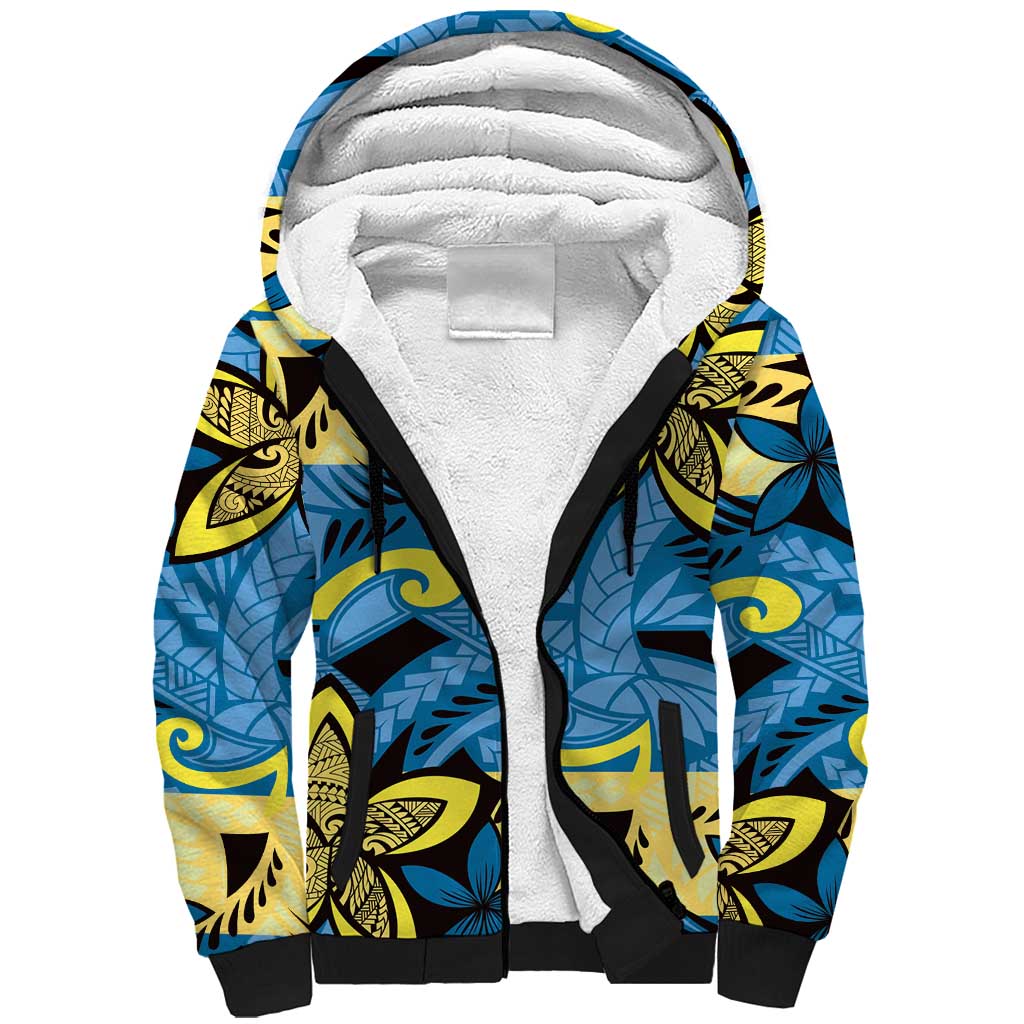 Plumeria Polynesian Pattern Sherpa Hoodie Unique Fantasy Blue Yellow