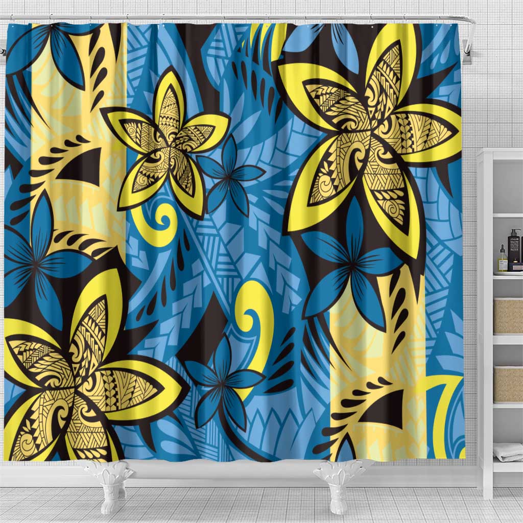 Plumeria Polynesian Pattern Shower Curtain Unique Fantasy Blue Yellow