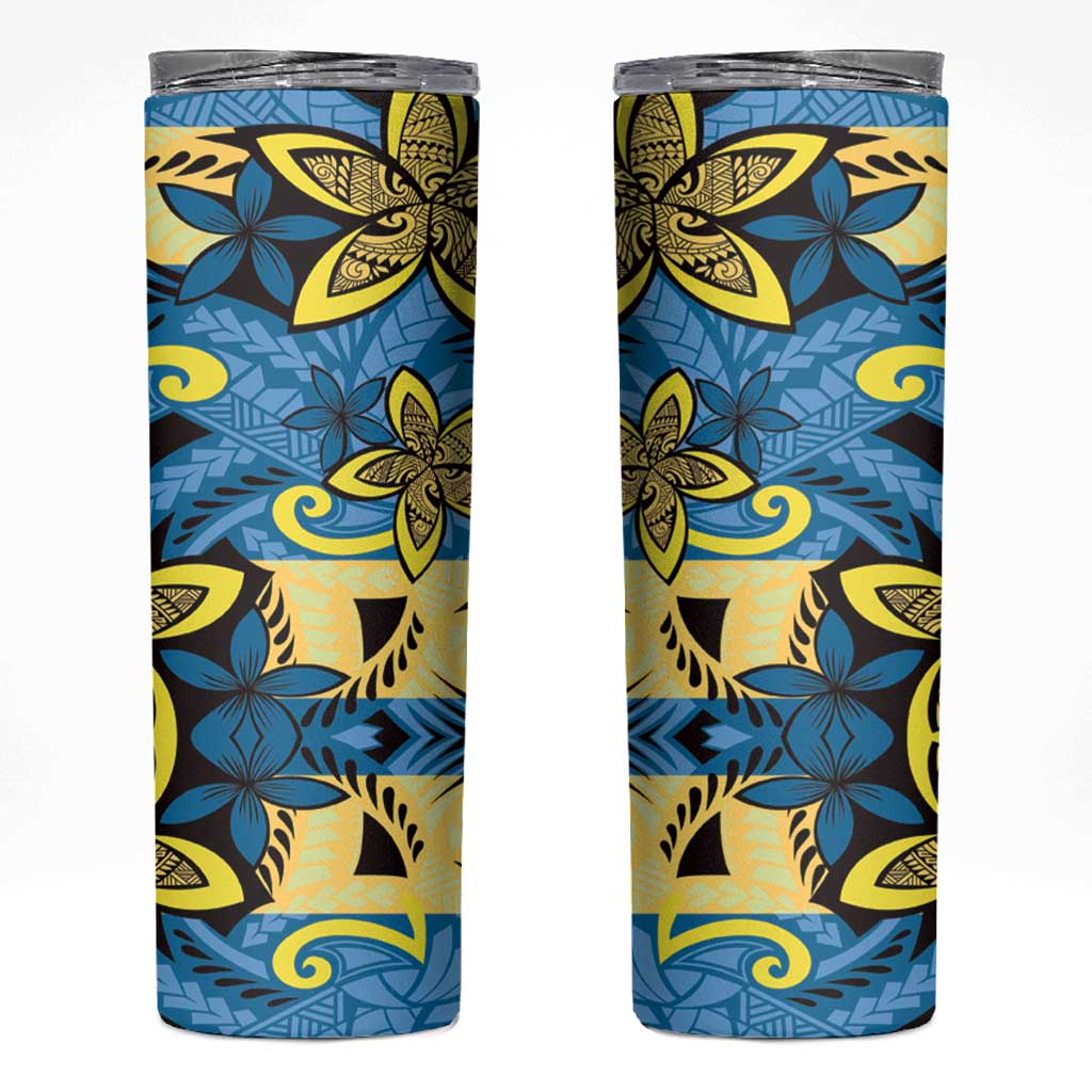 Plumeria Polynesian Pattern Skinny Tumbler Unique Fantasy Blue Yellow LT01 Blue - Polynesian Pride