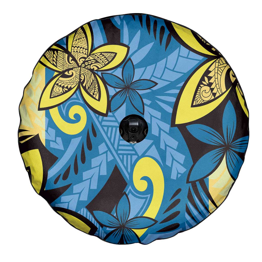 Plumeria Polynesian Pattern Spare Tire Cover Unique Fantasy Blue Yellow