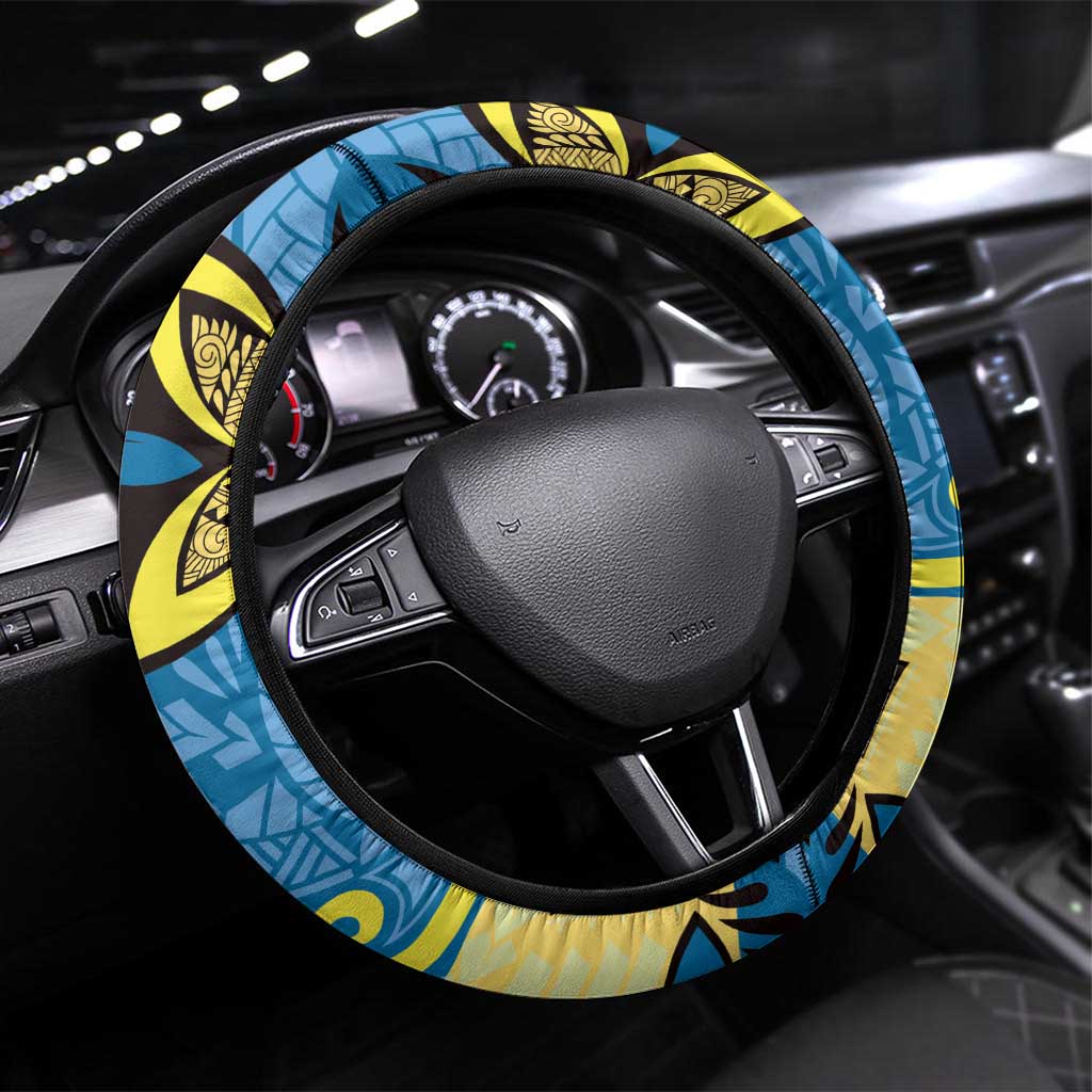 Plumeria Polynesian Pattern Steering Wheel Cover Unique Fantasy Blue Yellow