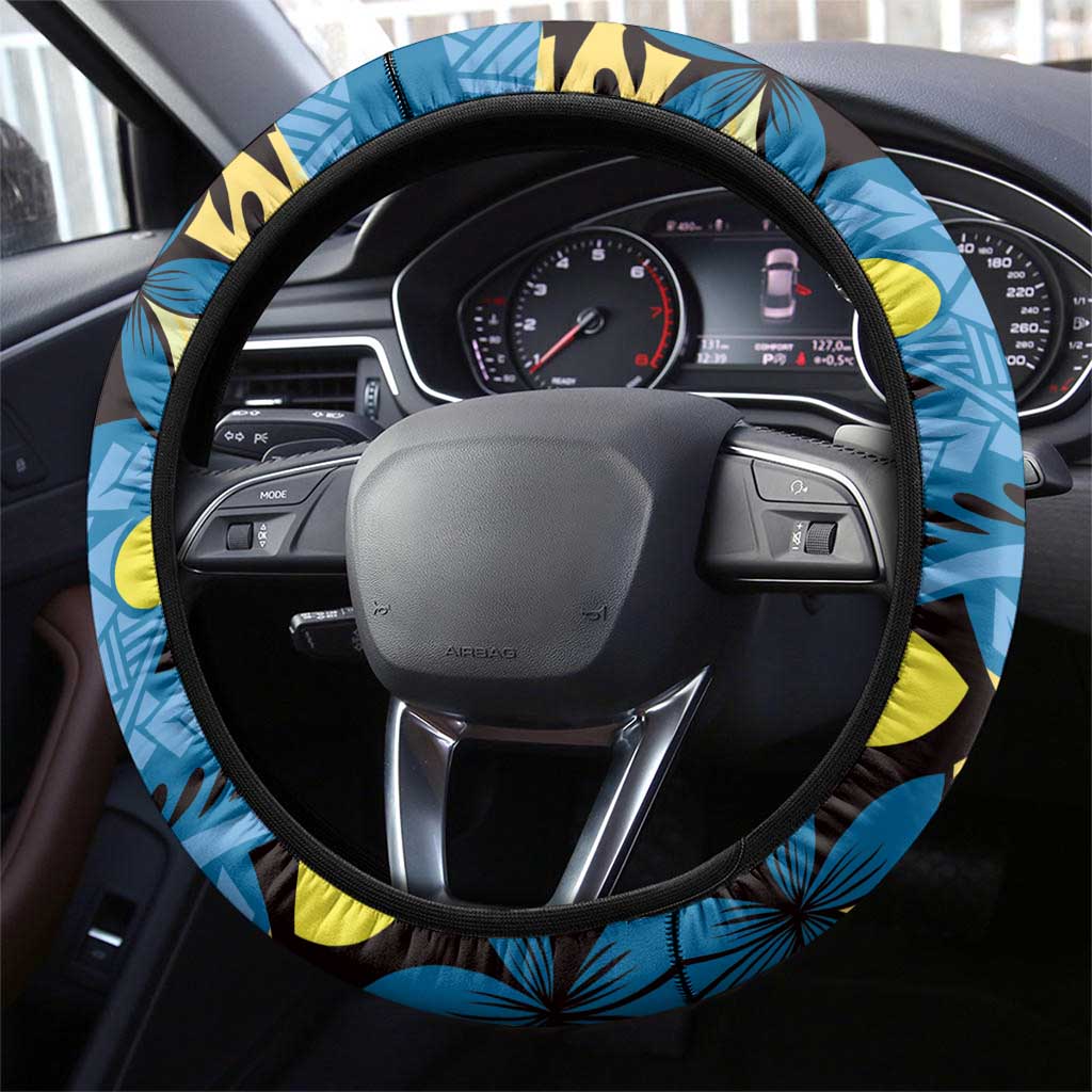 Plumeria Polynesian Pattern Steering Wheel Cover Unique Fantasy Blue Yellow