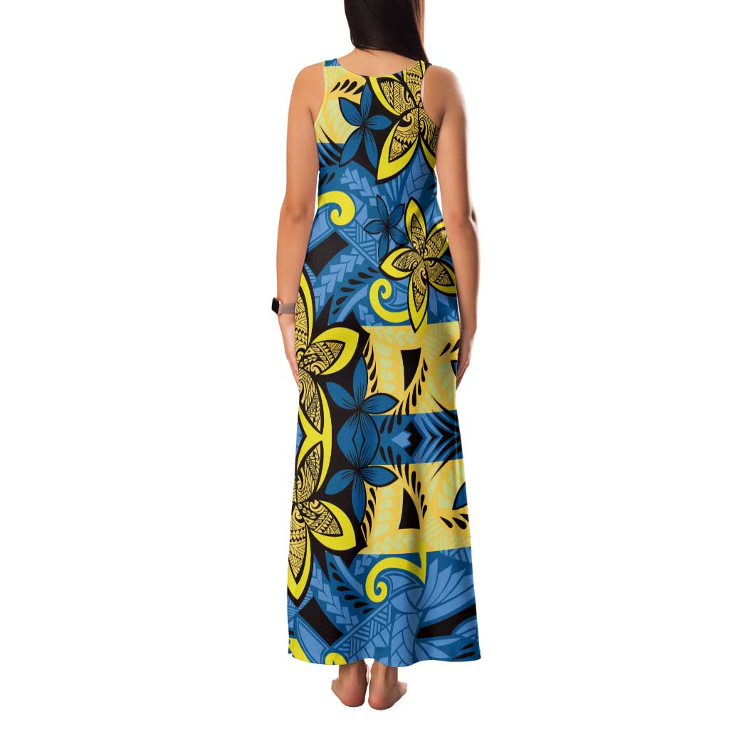 Plumeria Polynesian Pattern Tank Maxi Dress Unique Fantasy Blue Yellow